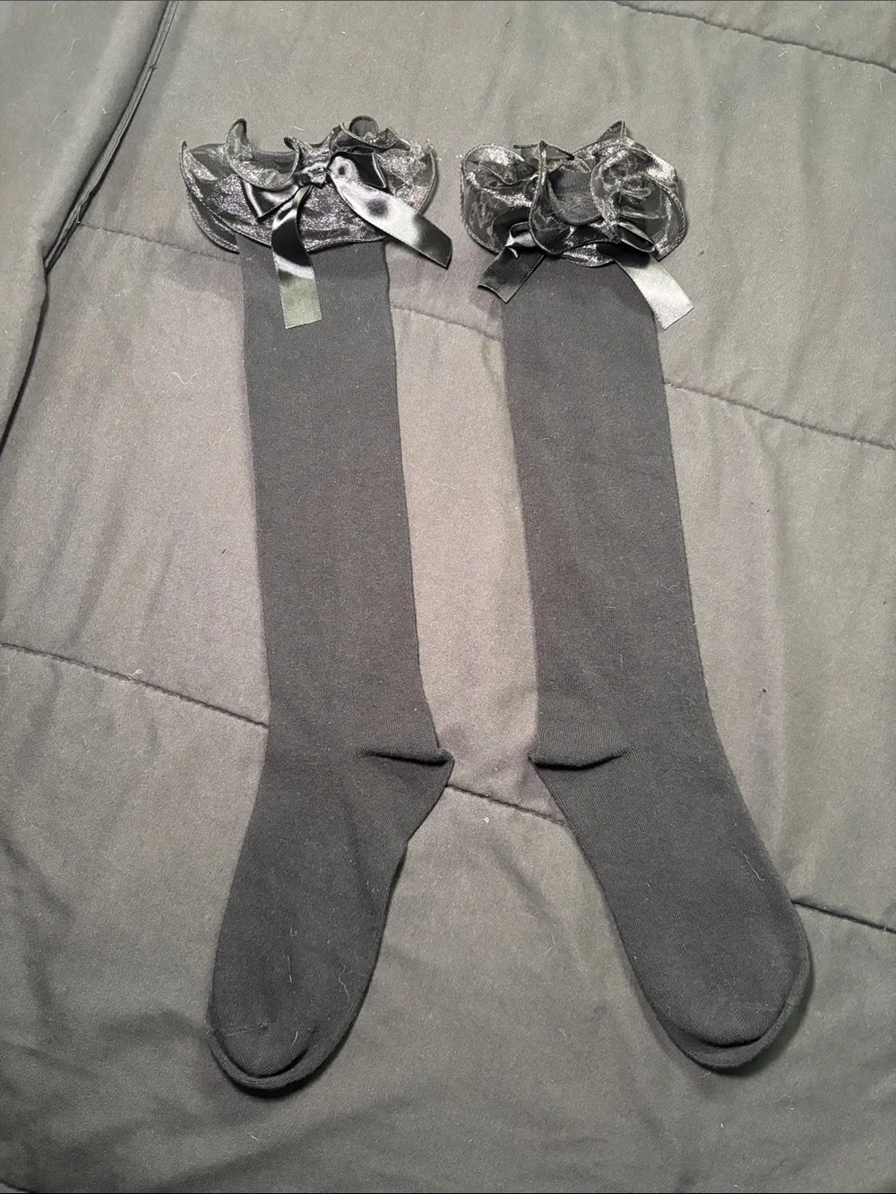 Urban Outfitters Black Knee-High Socks with Ruffled Organza Cuff and Bow
